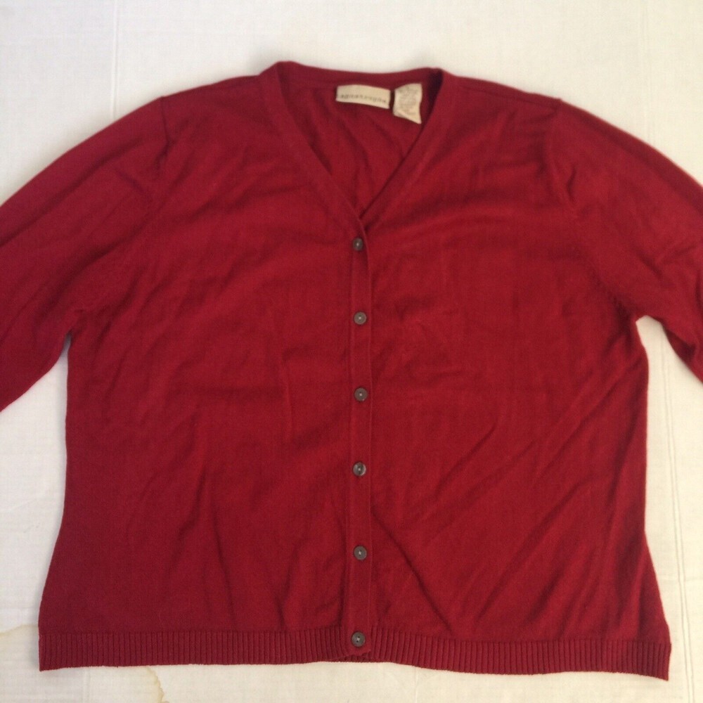 Apostrophe Cardigan Red 3/4 Sleeves Vintage Made in HK Acrylic‎ Nylon Size Large